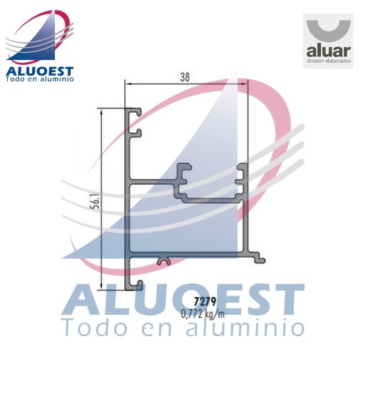Perfil Aluar 7279 línea Ekonal - Herrero - Encuentro central ventana de abrir /puerta de rebatir - Aluoest