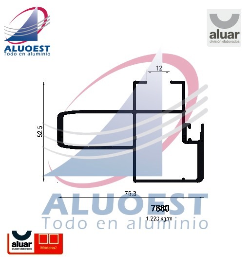Perfil Aluar 7880 línea Módena 2 - Parante central reforzado para pta. corrediza vidrio simple - Aluoest