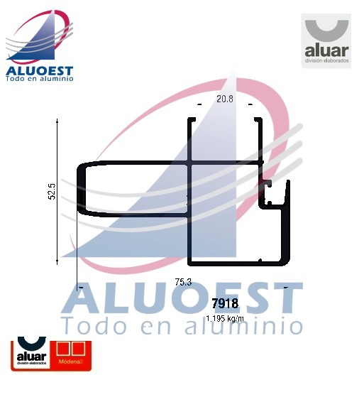 Perfil Aluar 7918 línea Módena 2 - Parante central reforzado para pta. corrediza DVH - Aluoest