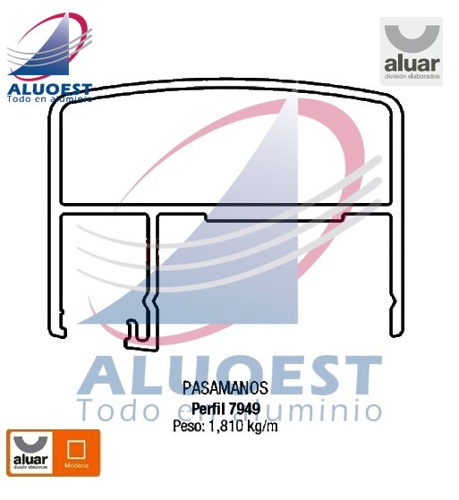 Perfil Aluar 7949 - Pasamanos 56 mm porta blisán baranda balcón parante 50 mm - Aluoest