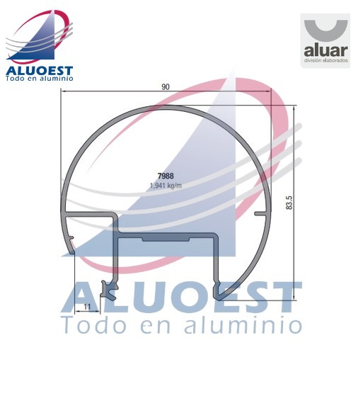 Perfil Aluar 7988 línea Complementarios - Pasamanos diámetro 90 mm porta blisán baranda balcón parante 40 mm - Aluoest
