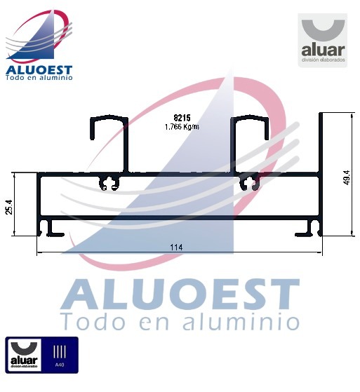 Perfil Aluar 8215 línea A40 - Umbral y dintel marco 2 guías - Aluoest