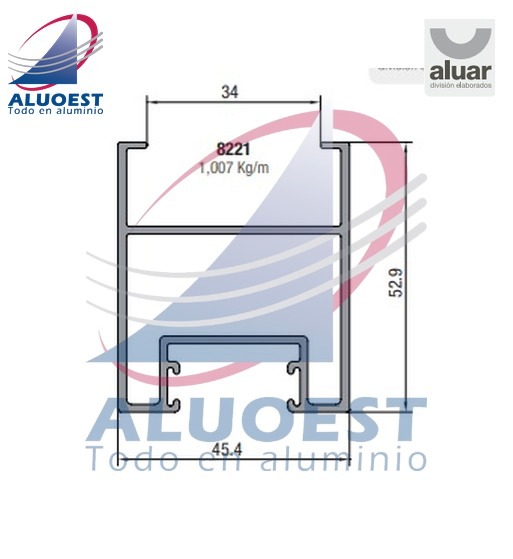 Perfil Aluar 8221 línea A40 - Parante lateral hoja corte 90° DVH - Aluoest