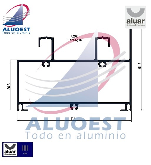 Perfil Aluar 8246 línea A40 - Umbral alto reforzado marco corrediza - Aluoest