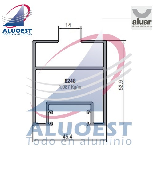 Perfil Aluar 8248 línea A40 - Parante lateral hoja corte 90° vidrio simple - Aluoest