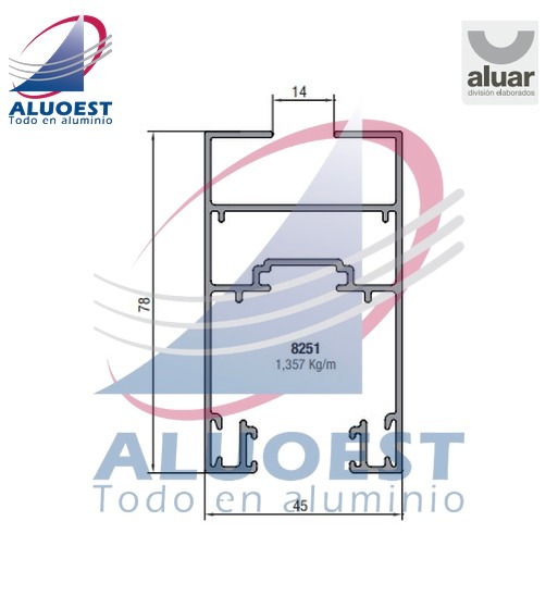 Perfil Aluar 8251 línea A40 - Hoja corte 45° vidrio simple - Aluoest
