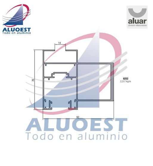 Perfil Aluar 8252 línea A40 - Parante central reforzado 100 mm hoja corte 45° - Aluoest