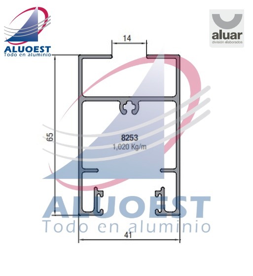 Perfil Aluar 8253 línea A40 - Zócalo y cabezal hoja corte 90° vidrio simple - Aluoest