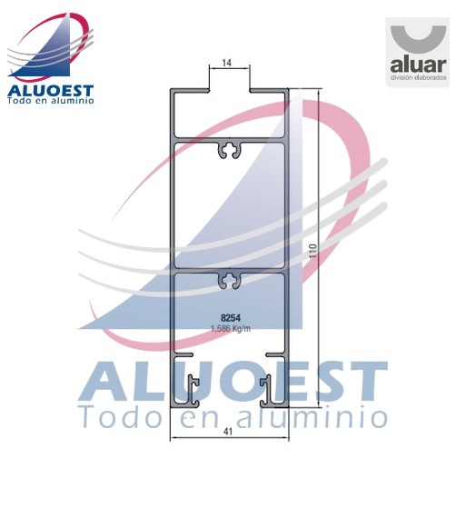 Perfil Aluar 8254 línea A40 - Zócalo alto hoja corte 90° vidrio simple - Aluoest