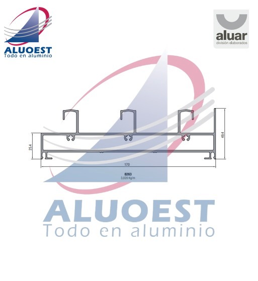 Perfil Aluar 8263 línea A40 - Umbral y dintel marco corrediza 3 guías - Aluoest