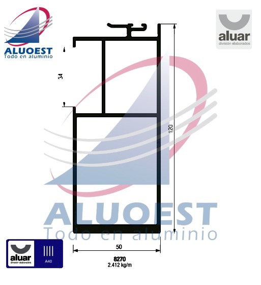 Perfil Aluar 8270 línea A40 - Parante central reforzado 120 mm hoja corte 90° DVH - Aluoest