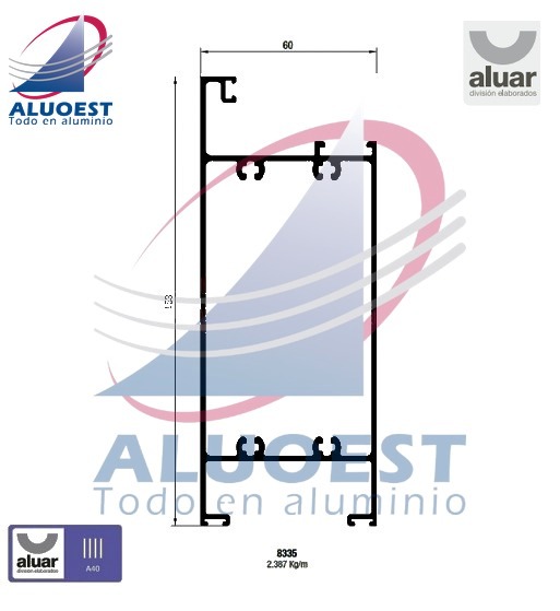 Perfil Aluar 8335 línea A40 - Zócalo de hoja puerta de rebatir - Aluoest