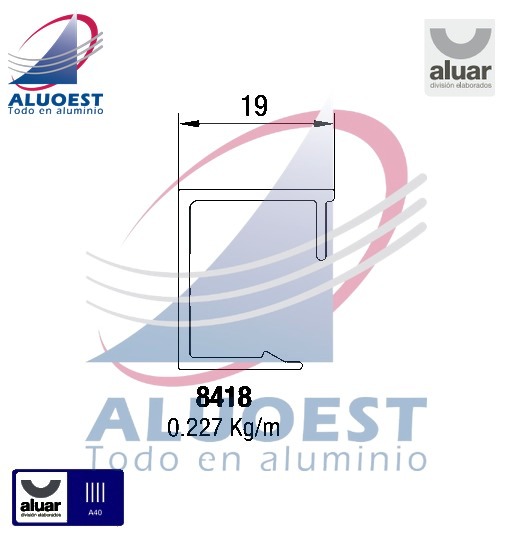 Perfil Aluar 8418 línea A40 - Contravidrio recto de 19 mm para corte 45° - Aluoest