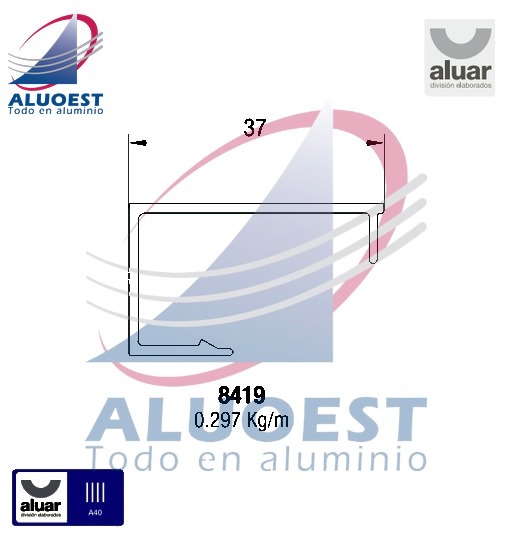 Perfil Aluar 8419 línea A40 - Contravidrio recto de 37 mm para corte 45° - Aluoest