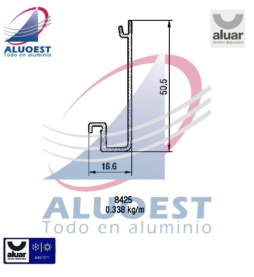 Perfil Aluar 8425 línea A40 RPT - Suplemento parante central hoja corrediza - Aluoest