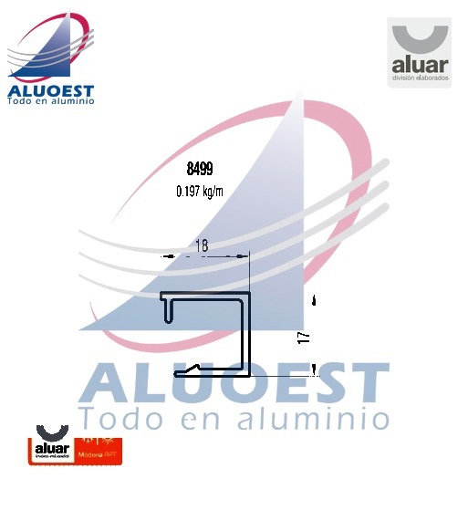 Perfil Aluar 8499 - Contravidrio borde recto 18 mm para corte a 45º - Aluoest