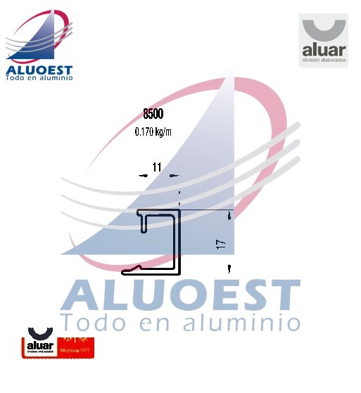 Perfil Aluar 8500 - Contravidrio 11mm corte 45° (T-96) - Aluoest