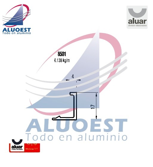 Perfil Aluar 8501 - Contravidrio 4mm corte 45° (T-96) - Aluoest