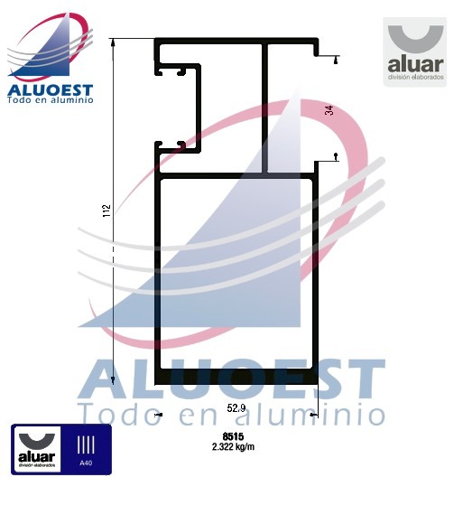 Perfil Aluar 8515 línea A40 - Parante lateral reforzado 112 mm hoja corte 90° DVH - Aluoest