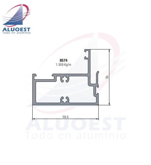 Perfil Aluar 8574 línea A40 - Parante central PF para hoja a 90° Sistema Fijo-Móvil - Aluoest