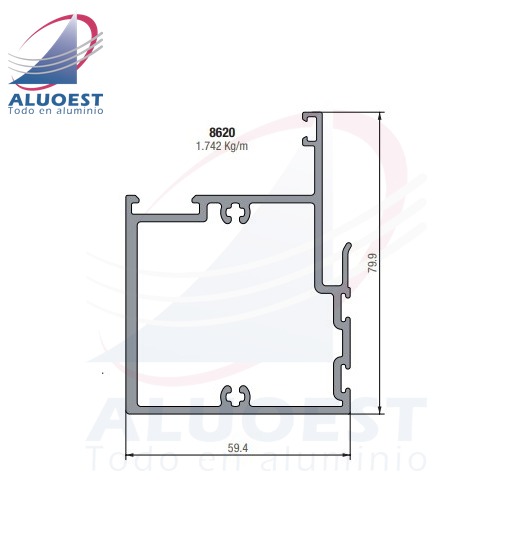 Perfil Aluar 8620 línea A40 - Parante central PF para hoja a 45° Sistema Fijo-Móvil - Aluoest