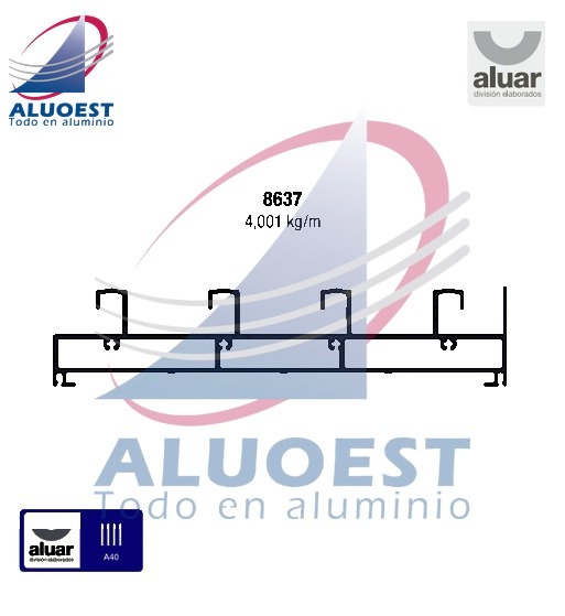 Perfil Aluar 8637 línea A40 - Umbral y dintel de marco 4 guías - Aluoest