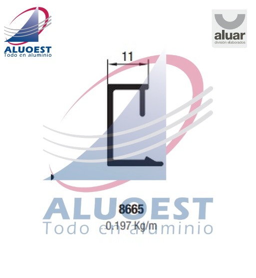 Perfil Aluar 8665 línea A40 - Contravidrio recto de 11 mm para corte 45° y colocación con T96 - Aluoest