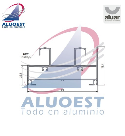Perfil Aluar 8667 línea A40 Compact - Umbral y dintel de marco 2 guías corte a 90º - Aluoest