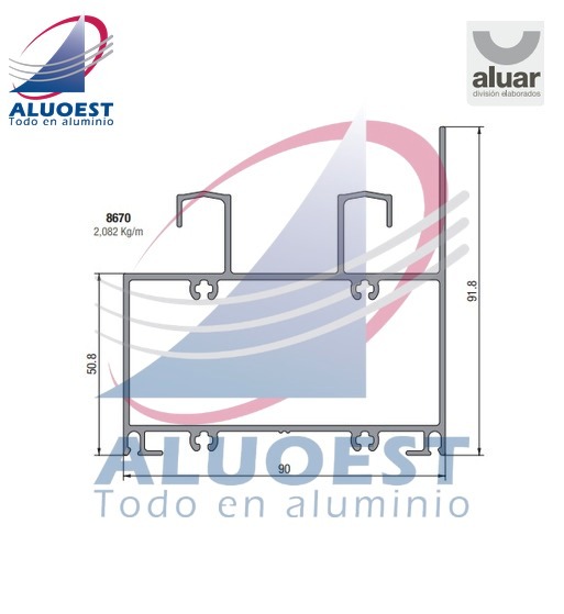 Perfil Aluar 8670 línea A40 Compact - Umbral alto de marco 2 guías corte a 90º - Aluoest