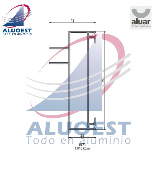 Perfil Aluar 8671 línea A40 Compact - Jamba de marco 2 guías corte a 90º - Aluoest