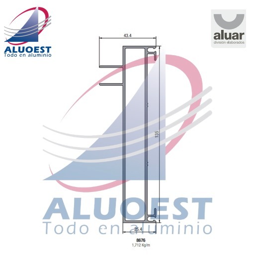 Perfil Aluar 8676 línea A40 Compact - Jamba de marco 3 guías corte a 90º - Aluoest