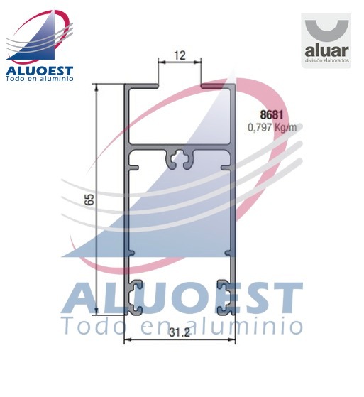 Perfil Aluar 8681 línea A40 Compact - Zócalo y cabezal de hoja corte a 90º para vidrio simple - Aluoest
