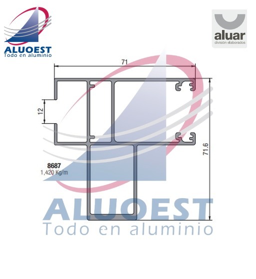 Perfil Aluar 8687 línea A40 Compact - Parante central reforzado de hoja corte a 45º - Aluoest