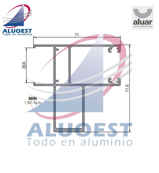 Perfil Aluar 8695 línea A40 Compact - Parante central reforzado de hoja corte a 45º para DVH - Aluoest