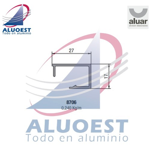 Perfil Aluar 8706 línea A40 Compact - Contravidrio borde recto 27 mm para corte a 45º - Aluoest