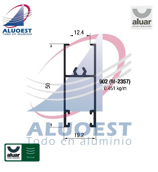 Perfil Aluar 902 línea Ekonal - Herrero - Zócalo y cabezal de hoja corrediza y travesaños PR hoja 25 mm (M-2357) - Aluoest