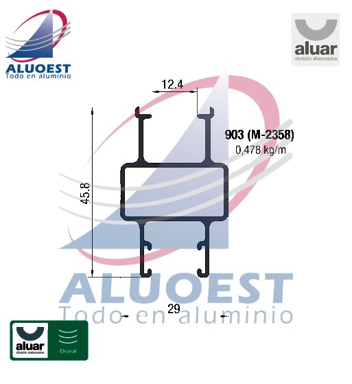Perfil Aluar 903 línea Ekonal - Herrero - Parante lateral hoja ventana corrediza (M-2358) - Aluoest