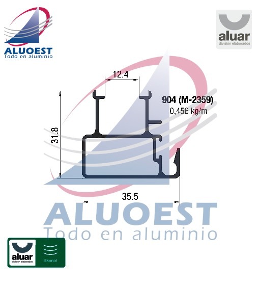 Perfil Aluar 904 línea Ekonal - Herrero - Parante central hoja ventana corrediza (M-2359) - Aluoest