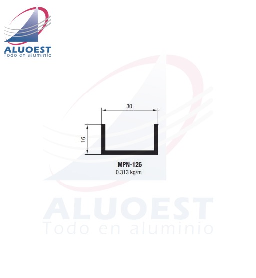 Perfil Aluar MPN-126 línea Piel de vidrio - Perfil "U" 30x16x2 - Aluoest