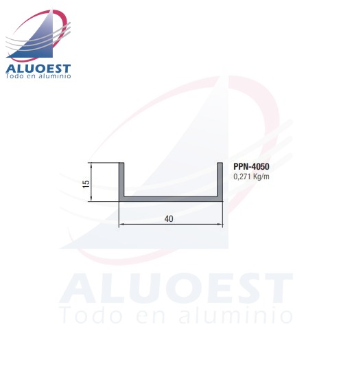 Perfil Aluar PPN-4050 línea A40 - Perfil "U" 15x40x2 para refuerzo umbral 8215 para hojas - Aluoest