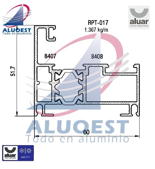 Perfil Aluar RPT-017 línea A40 RPT - Marco PF / abrir / rebatir - Aluoest