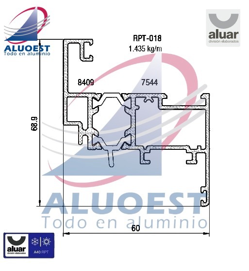 Perfil Aluar RPT-018 línea A40 RPT - Hoja ventana de abrir (ext 8409+int 7544) - Aluoest