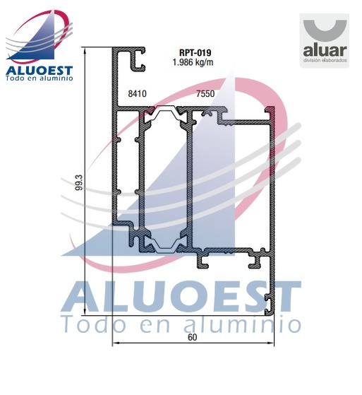 Perfil Aluar RPT-019 línea A40 RPT - Hoja puerta de rebatir (ext 8410+int 7550) - Aluoest