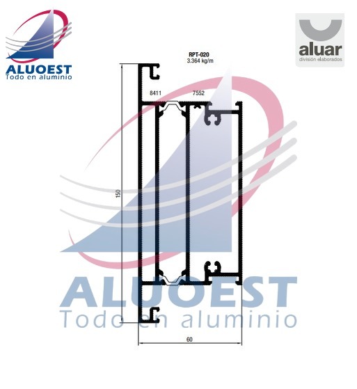 Perfil Aluar RPT-020 línea A40 RPT - Travesaño puerta de rebatir (ext 8411+int 7552) - Aluoest