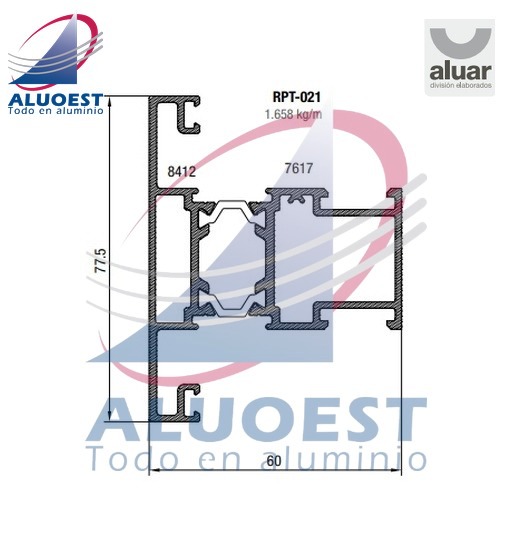 Perfil Aluar RPT-021 línea A40 RPT - Travesaño paño fijo (ext 8412+int 7617) - Aluoest