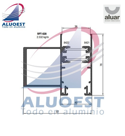 Perfil Aluar RPT-028 línea A40 RPT - Parante central reforzado hoja corrediza - Aluoest