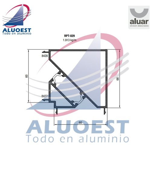 Perfil Aluar RPT-029 línea A40 RPT - Acople 90° para marcos de 60 mm (ext 8428+int 8427) - Aluoest