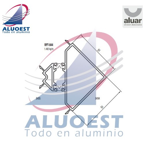 Perfil Aluar RPT-044 línea Módena RPT - Acople 90° (ext 8494+int 8495) - Aluoest