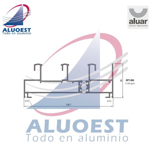 Perfil Aluar RPT-055 línea A40 Compact RPT - Marco corrediza 3 guías (ext 8725+int 8723) - Aluoest