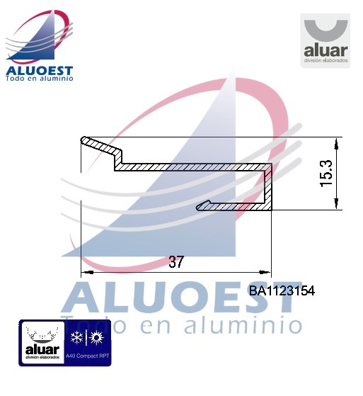 Perfil Aluar RPT-19916 línea A40 Compact RPT - Varilla PVC "J" RPT-BA 1019916 - Aluoest